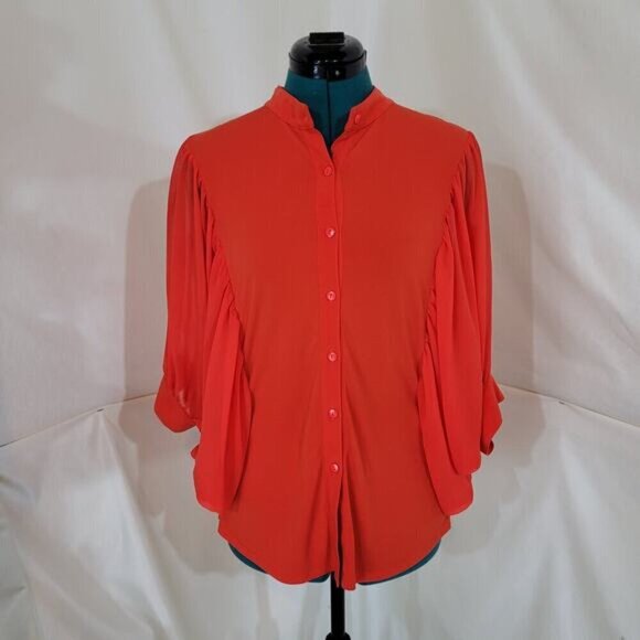Joseph RIbkoff Vibrant Deep Orange Chiffon Blouse with Pleated Dolman Sleeves - Picture 2 of 8